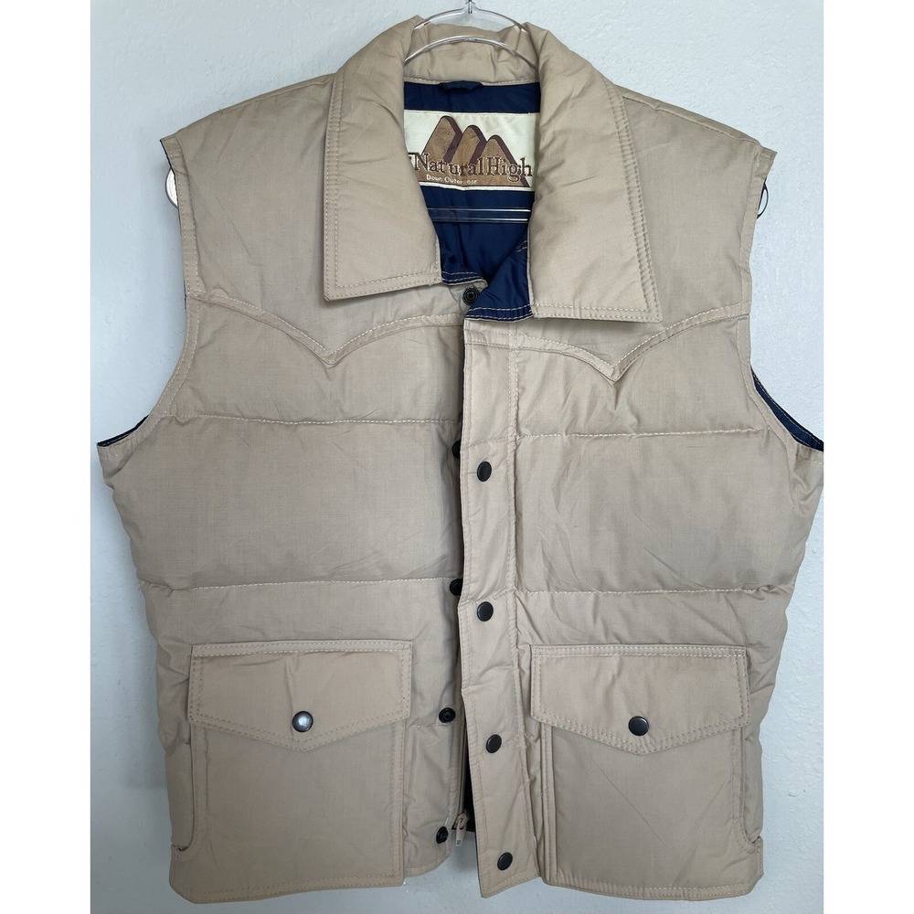 Vintage 1970s Natural High Down Puffer Vest Men S Small Beige Tan Retro Coat